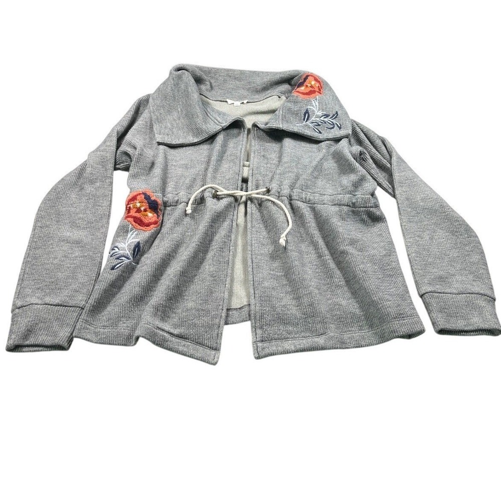 THML Gray Embroidered Floral Knit Jacket Cardigan Large Boho Tie Waist‎